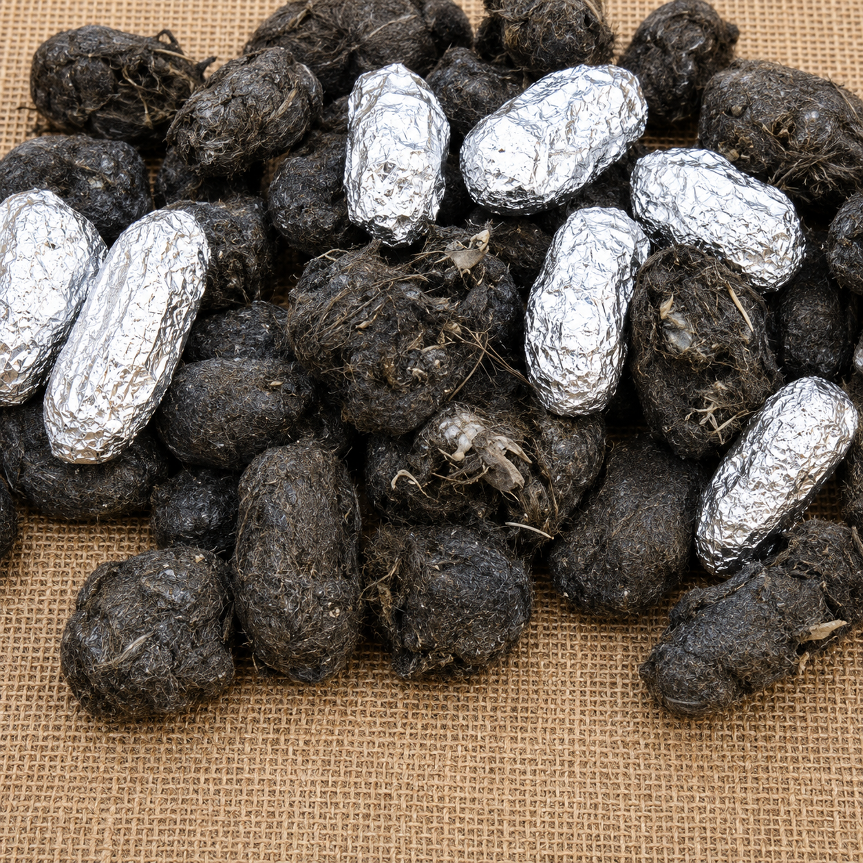 Close-up of owl pellets and foil-wrapped specimens used for classroom dissection and wildlife education activities.