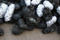 A collection of barn owl pellets, some wrapped in aluminum foil, displayed on a mesh surface.