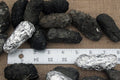 A collection of large, black owl pellets next to a ruler measuring up to 35 cm, indicating the size of the pellets.