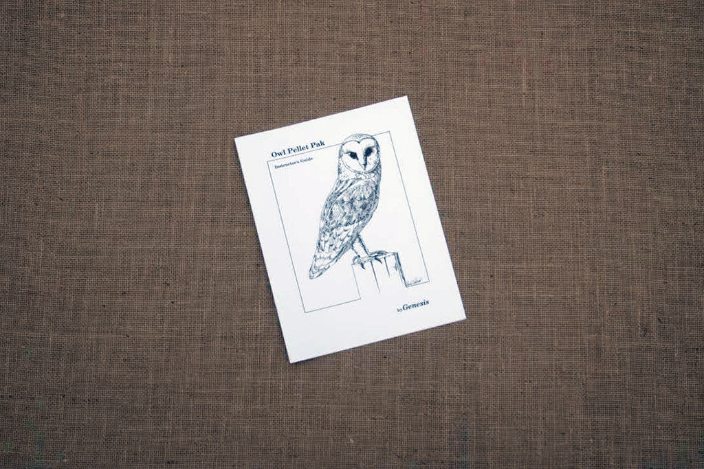 A printed owl pellet dissection instructors guide lying on a flat surface, with an illustration of an owl on it.