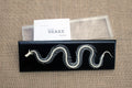 skeleton of a snake displayed with a clear acrylic cover and label saying "SNAKE Skeleton"