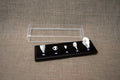 A set of animal skulls mounted on a wooden base, with a clear acrylic cover over each skull. The skulls represent different classes of vertebrates: mammal, bird, reptile, amphibian, and fish.